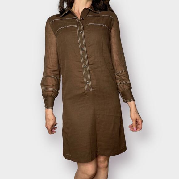 VINTAGE Brown Long Sleeve button down shirt dress Mini Coastal Cowboy Retro SZ S - Picture 2 of 8